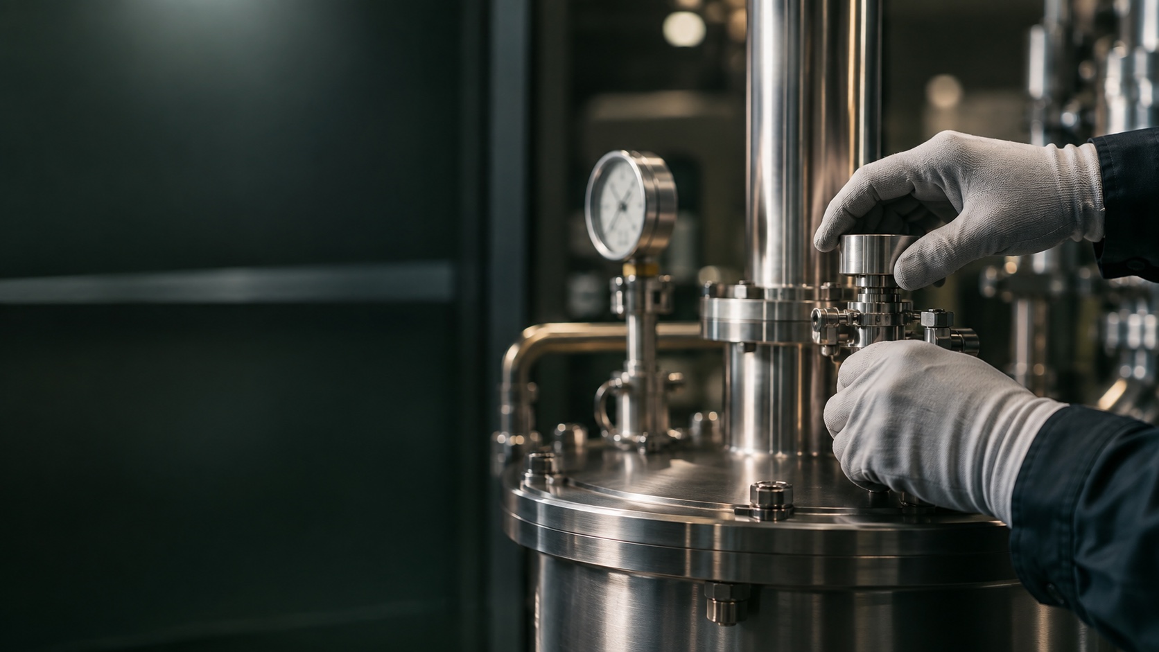 Gloved hands inspecting industrial equipment